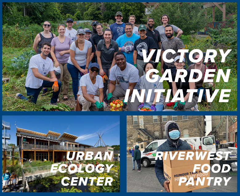 MDG employees volunteering at Victory Garden Initiative, Riverwest Food Pantry, and Urban Ecology Center